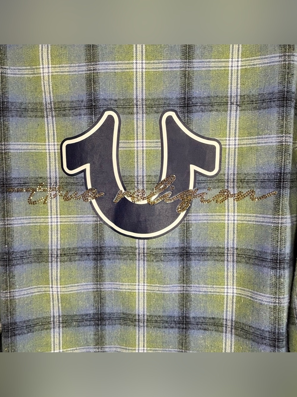 True Religion Plaid Flannel Shirt Horseshoe Logo Rhinestone Back Small - Picture 6 of 14
